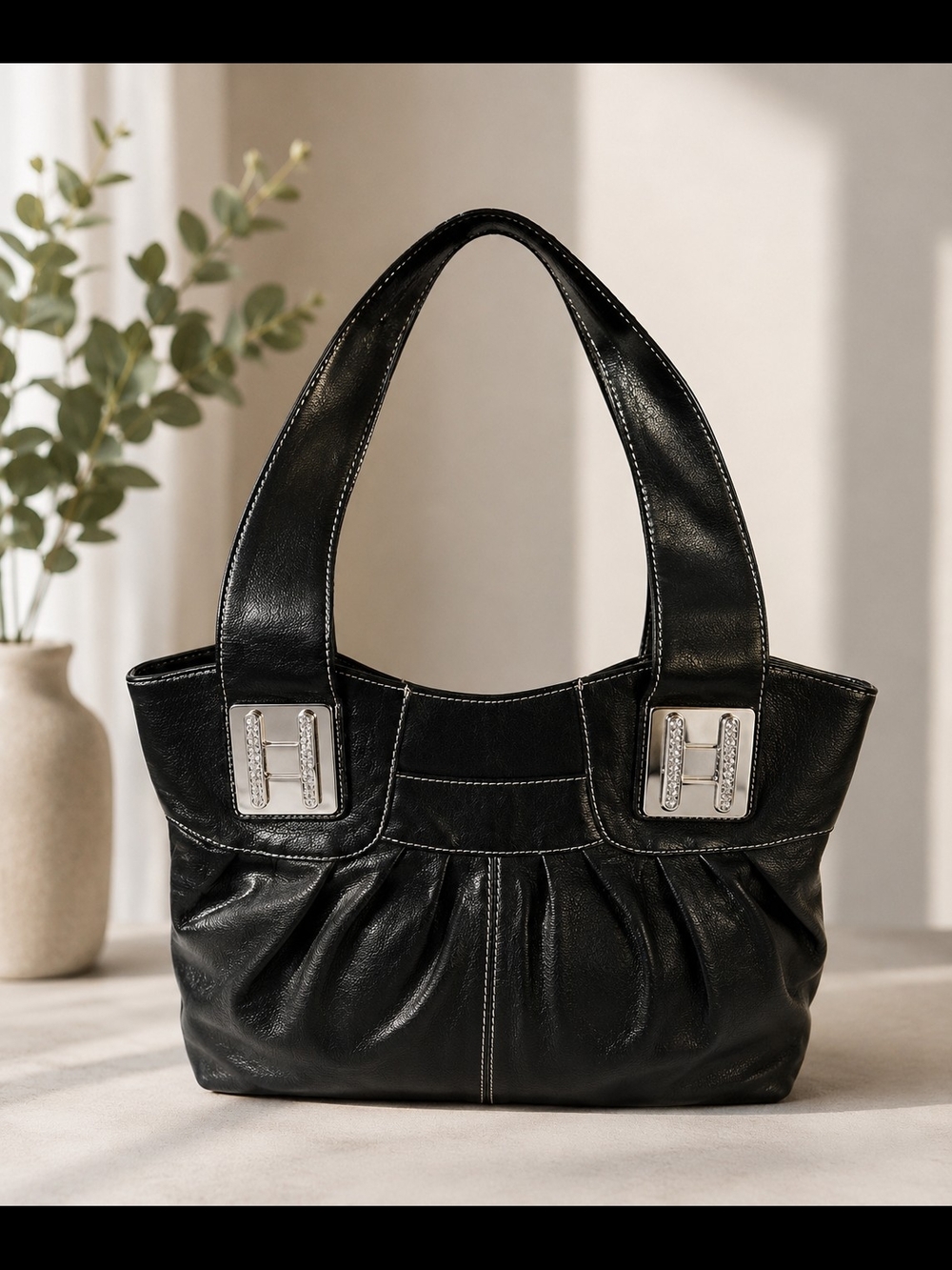 Black Shoulder Bag with Silver Hardware